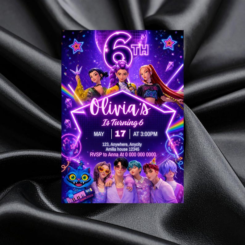 May include: A vibrant invitation for Olivia's 6th birthday party, featuring a neon purple design with cartoon characters and the text "Olivia's Is Turning 6". The date is May 17th at 3:00 PM.
