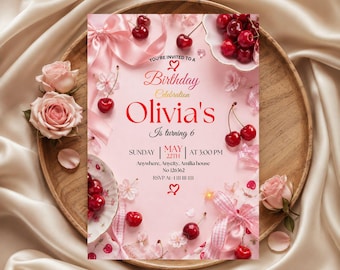 Cherry Birthday Invitation Template, Sweet Cherry Party Invite, Cute Red Cherry Birthday Invite, Editable Canva Template, Digital Download