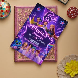 May include: A purple birthday invitation with the text "Olivia's Is Turning 6" and event details. The invitation features illustrations of people and a cartoon cat. The design includes neon geometric shapes and stars.