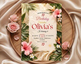 Tropical Birthday Invitation Template, editable Birthday Invitation, Tropical Theme Birthday Party Invite, Canva Template, Digital Download