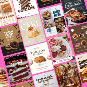 May include: A collage of bakery-themed promotional graphics. The images showcase various baked goods, including cakes, donuts, croissants, and cookies. Text elements highlight phrases like "Freshly Baked," "Time for Breakfast," and "Today's Special Dessert."