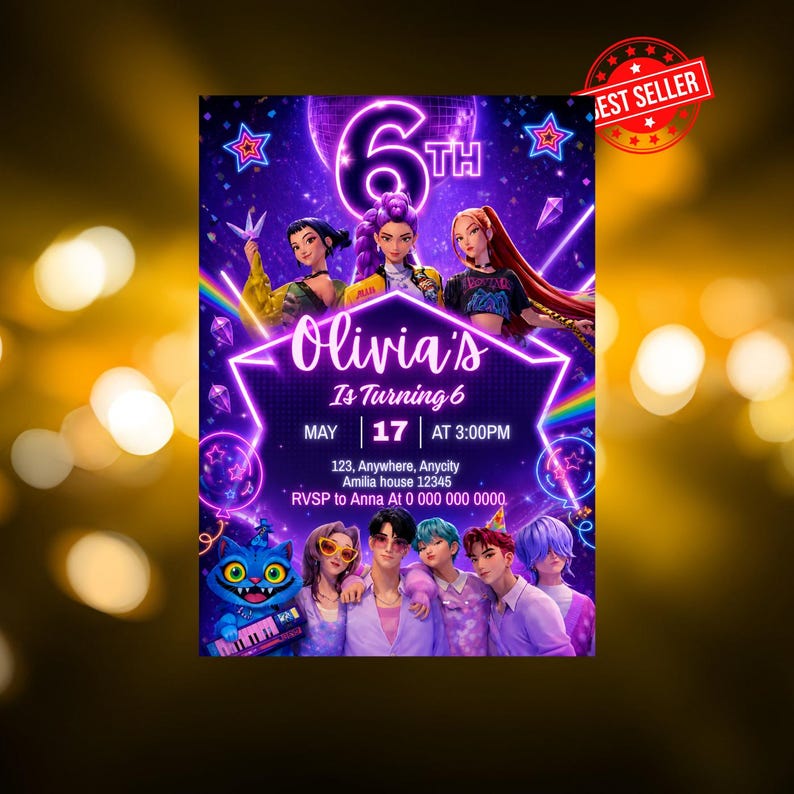 May include: A vibrant birthday invitation with a purple and blue theme. The invitation features the text "Olivia's Is Turning 6" with the date, time, and RSVP information. The design includes illustrations of animated characters and a "Best Seller" badge.