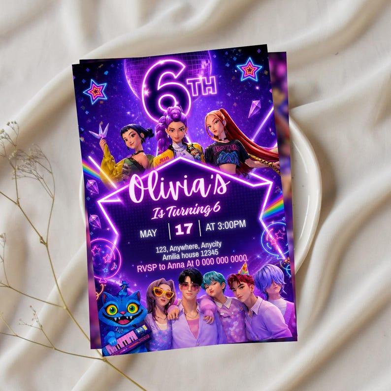 May include: A vibrant purple birthday invitation with the text "Olivia's Is Turning 6." The invitation features illustrations of animated characters, stars, and a disco ball. The date and time of the party are also included.