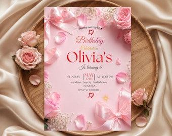 Elegent Pink Bow Coquette Birthday Invitation template Girly Birthday Party Invitation, Pink Ribbon Editable Canva Template Digital Download