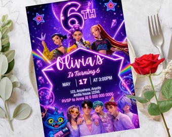 Kpop birthday Invitation 6th Editable, kpop demon Hunters birthday Invitation template, kpop birthday invitation, kids party Anime invite