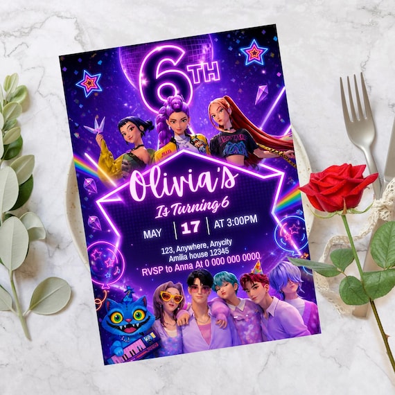 Kpop birthday Invitation 6th Editable, kpop demon Hunters birthday Invitation template, kpop birthday invitation, kids party Anime invite