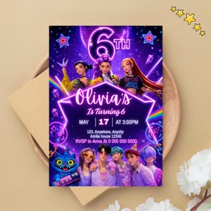 May include: A vibrant birthday invitation with the text "Olivia's Is Turning 6". The design features cartoon characters, neon accents, and the date May 17th at 3:00 PM. The invitation includes an RSVP contact.