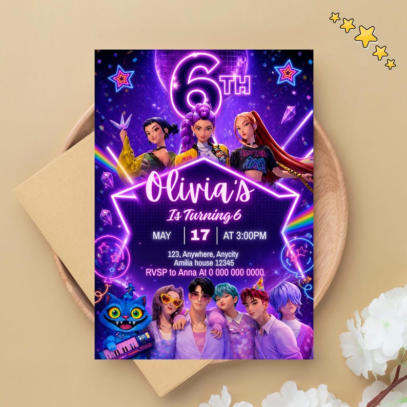 May include: A vibrant birthday invitation with the text "Olivia's Is Turning 6". The design features cartoon characters, neon accents, and the date May 17th at 3:00 PM. The invitation includes an RSVP contact.