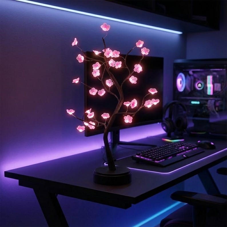 Lámpara de mesa con luz nocturna LED de bonsái con flor de cerezo, alimentada por USB o batería, con interruptor táctil