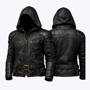 May include: Black leather hooded jacket with a front zipper, multiple pockets, and a belt. The jacket features shoulder accents and wrist cuffs with metal studs. The image shows the front and back of the jacket.