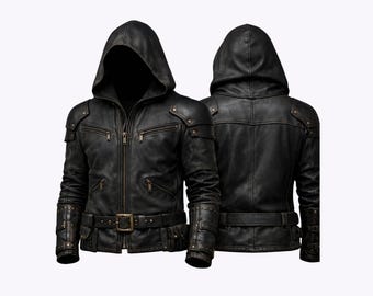 Men’s Leather Hooded Jacket - Black Medieval Assassin Biker Style -Gothic wear
