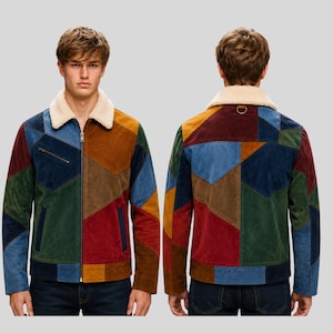 Men's  Patchwork Suede  Leather Jacket, Retro Shearling Collar Coat, Vintage Outerwear,Gift for Husband