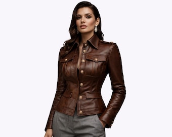 Women’s  luxury Leather Jacket – Military Style Tailored Blazer with Gold Buttons -Vintage leather jacket -Gift for her