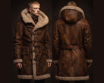 Abrigo de piel de oveja hecho a mano para hombre, gabardina larga de piel de oveja desgastada, chaqueta de aviador vintage de invierno hecha a mano.