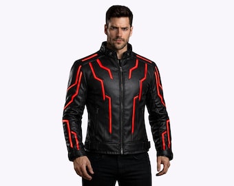 Men’s Futuristic Leather Biker  Jacket – Black Red Stripe Biker Motorcycle Jacket, Cyberpunk Cosplay Style