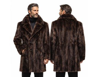 Men’s Luxury Real Mink Fur Coat , Dark Brown Full Pelt Double-Breasted Luxury Winter Overcoat