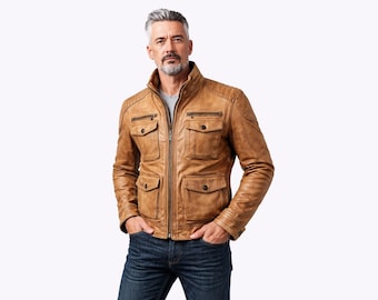 Men's Distressed Leather Jacket: Handmade Brown Vintage Military Style