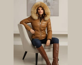 Damen Braun Leder Steppjacke mit abnehmbarer Kapuze, Luxus Winter Ledermantel, Geschenk für sie