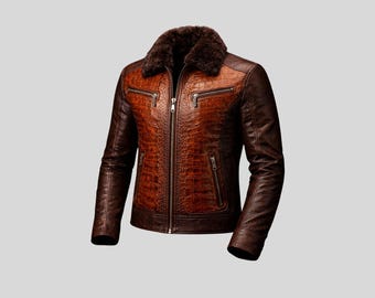 May include: A brown leather jacket with a fur collar. The jacket features a textured, crocodile-like pattern on the front and upper sleeves, with a zipper closure and multiple pockets. The jacket has a classic, stylish design.