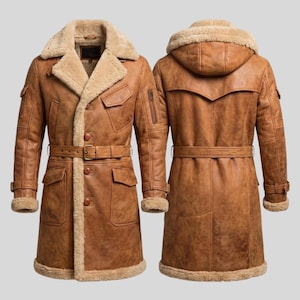 May include: A tan, long-length coat with a beige shearling lining, featuring a wide collar, a belted waist, multiple flap pockets, a zippered sleeve pocket, and a hood. The coat is shown from both the front and back views, displaying the button closure.