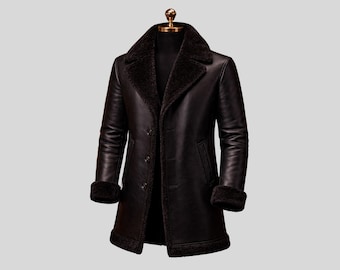 Abrigo de piel de oveja negra para hombre, abrigo de invierno de piel con forro de piel negra, abrigo cálido de lujo para hombre.