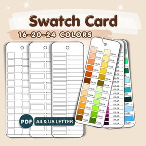 May include: A set of color swatch cards with the text "Swatch Card 16-20-24 COLORS". The cards include blank rectangular spaces for color samples and a color palette with various shades. The cards are labeled "PDF A4 & US LETTER".