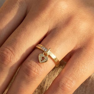 Heart Lock Charm Ring, Couple Love Lock Ring, Mother's Day Gift, Diamond Dangle Heart Ring, Gift for Mother, Heart Dangle, Christmas Ring