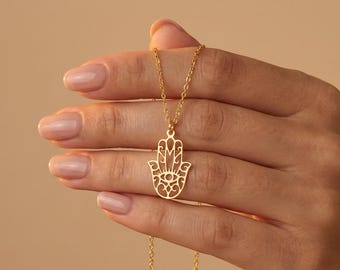 Personalized Hamsa Necklace,Gold Silver Jewelry for Mom,Dainty Protective Charm,  Custom Fatima Hand Pendant, Mother's Day, Christmas Gift