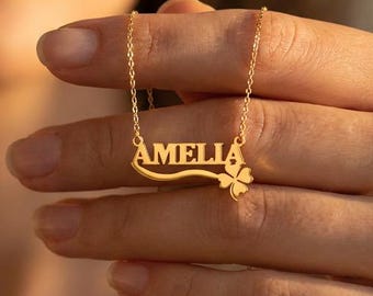 Personalized Four Leaf Clover Necklace, Four Leaf Clover Name Necklace, Clover Pendant Goldfilled, Valentine's Day Gift, Mother's Day Gifts