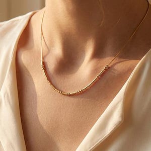 Pode incluir: Um delicado colar de ouro com pequenas contas espaçadas uniformemente. O colar é usado por uma pessoa, e o design é simples e elegante. A corrente de ouro é fina e as contas são pequenas, criando um visual minimalista.