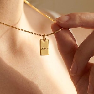 Personalized Initial Tag Necklace, Engraved Letter Necklace, Mini Gold Name Charm, Tiny Rectangle Pendant, Custom Alphabet Jewelry