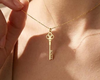 Personalized Key Name Necklace , Custom Gold Key Pendant with Name , Dainty Minimalist Key Jewelry , Unique Gift for Her , Christmas Gift