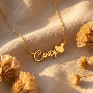 Pu&ograve; includere: Una collana dorata con il nome "Candy" in corsivo, con un design a forma di testa di Mickey Mouse. La collana &egrave; appoggiata su un tessuto beige, con fiori secchi. Il ciondolo e la catena sono dorati.