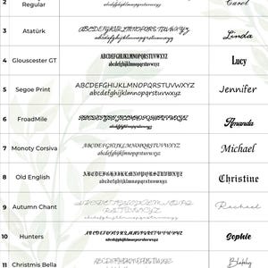 May include: A chart displaying different font styles, including Alex Brush and Misha Salma, each with a name, a sample word, and the alphabet. The fonts vary in style, with examples such as "Emily" and "Disney" shown.