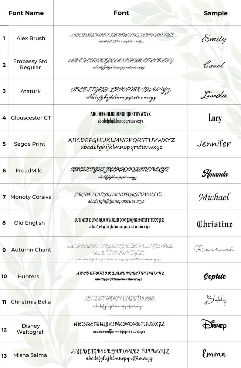 May include: A chart displaying different font styles, including Alex Brush and Misha Salma, each with a name, a sample word, and the alphabet. The fonts vary in style, with examples such as "Emily" and "Disney" shown.