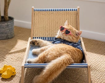 Mini-Katzenliege | Entspannendes Katzenbett im maritimen Stil | Katzenhängematte aus Naturholz | Deko-Accessoire für Haustiere