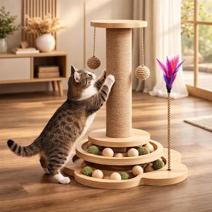 Puede incluir: Un árbol para gatos de madera con un poste rascador de sisal, juguetes de bolas colgantes y una varita de plumas. El árbol para gatos tiene múltiples niveles con bolas de madera y bolas de musgo verde. Un gato atigrado interactúa con el árbol.