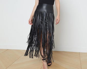 Elegant Fringe Style Leather Skirt for Women, Western Cowgirl Skirt, High Waist Skirt, Pencil Skirt, Statement Piece, Boho Festival Outfit