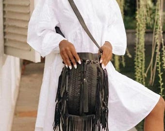 Handcrafted Lambskin Leather Fringe Shoulder Bag, Boho Tassels