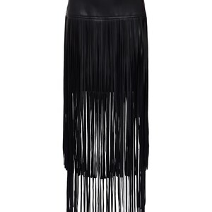 May include: A black skirt with long fringe detailing. The skirt appears to be made of a leather-like material and features multiple layers of fringe that cascade down the length of the garment. The skirt has a high waist design.