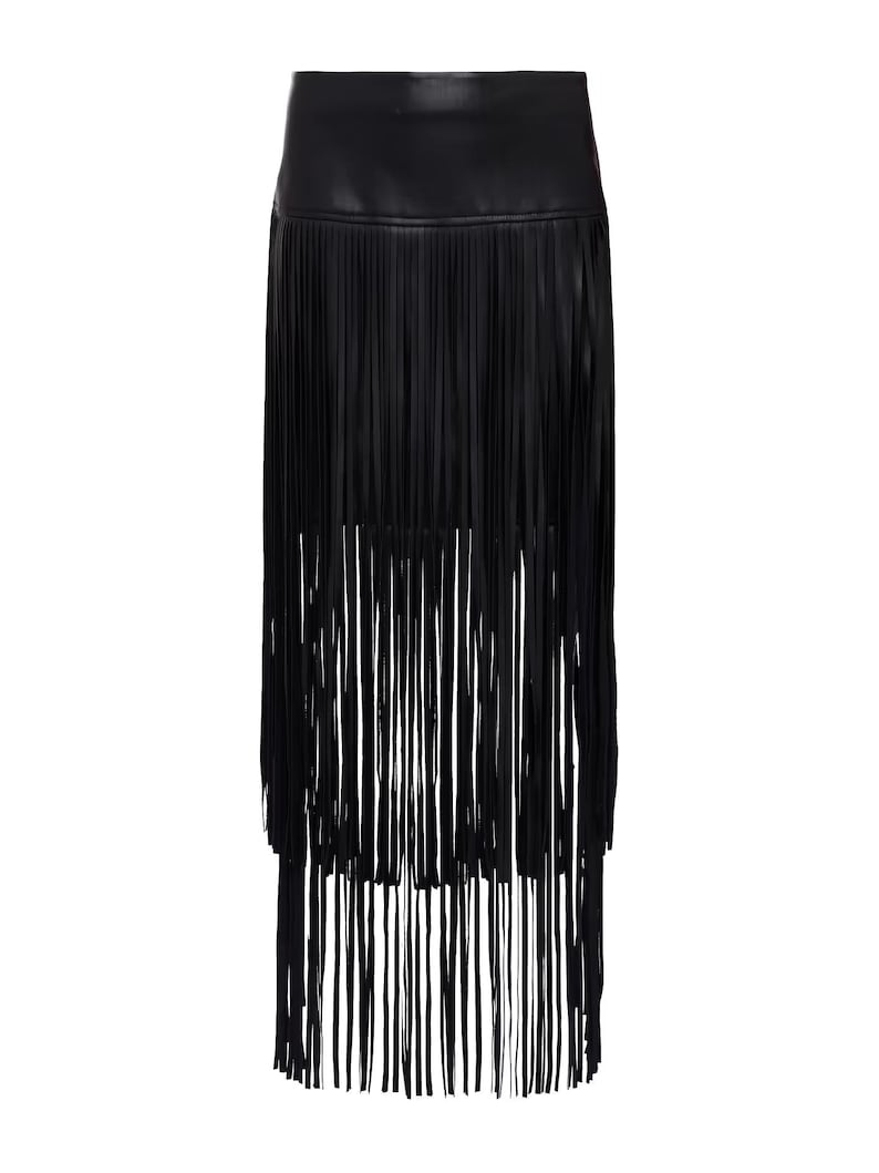 May include: A black skirt with long fringe detailing. The skirt appears to be made of a leather-like material and features multiple layers of fringe that cascade down the length of the garment. The skirt has a high waist design.