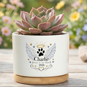 Puede incluir: Una maceta de cerámica blanca con base de bambú que contiene una suculenta. La maceta presenta un gráfico de alas de ángel, un halo y una huella de pata con el texto "Charlie", "forever in our hearts" y "2026" impreso en negro y oro.