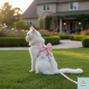 May include: A white cat wearing a pink harness with a large bow on its back, sitting on green grass. The cat is attached to a matching pink leash. The background includes a house and a garden.