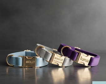 May include: Three personalized dog collars in blue, gray, and purple velvet. Each collar has a gold-colored metal buckle with a name engraved on it. The blue collar says "Molly", the gray collar says "Maggie" with a phone number, and the purple collar says "Luna".