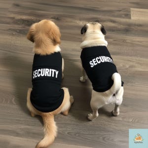 May include: Two dogs wearing black shirts with the word "SECURITY" in white block letters. One dog is a golden retriever, and the other is a pug. They are sitting on a wooden floor.