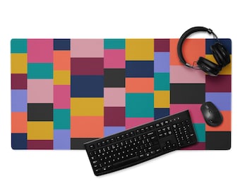 Retro Patchwork Desk Mat, XL Colorblock Mouse Pad, Non-Slip Gaming Surface 36x18