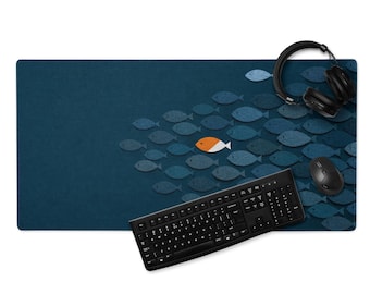 School of Fish Desk Mat, Navy Ocean Print, Motivational Office Pad