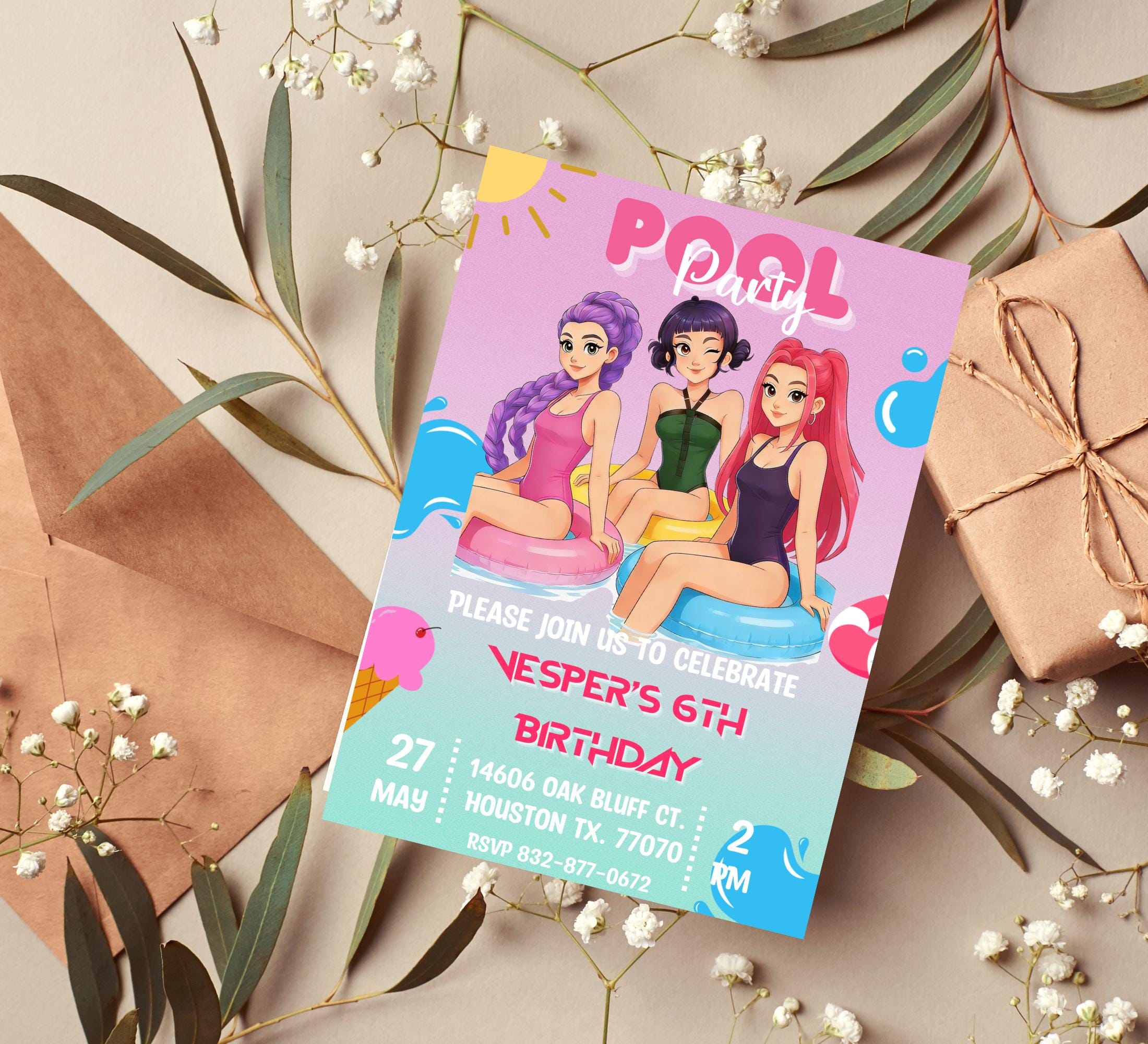 Kpop Anime Pool Gradient Waterslide Summer Birthday Invitation