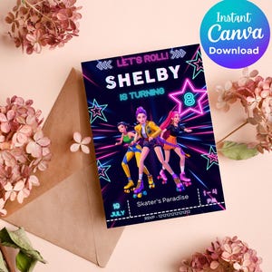 May include: A vibrant invitation card with the text "Let's Roll! Shelby is Turning 8". The card features three animated figures on roller skates, with neon star and line accents. The words "Skater's Paradise" are also visible.