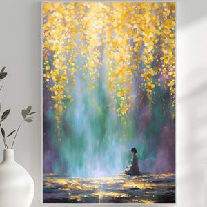 Op de afbeelding: Een ingelijste kunstdruk die een persoon toont die mediteert voor een waterval. Het kunstwerk gebruikt goud, blauw en groen. De persoon zit, en de achtergrond heeft een watervaleffect. De print staat op een witte plank.